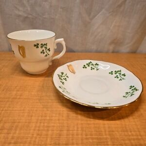 Vintage Arklow Fine Irish Bone China Tea Cup and Saucer Shamrock Gold Harp